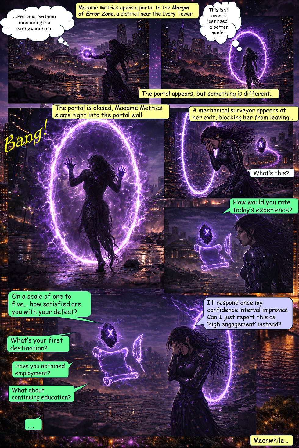 In a humorous twist, Madame Metrics tries to escape through a portal but is blocked by a survey-like system asking about satisfaction and outcomes, forcing her to confront meaningful questions about employment and impact instead of outdated engagement metrics.