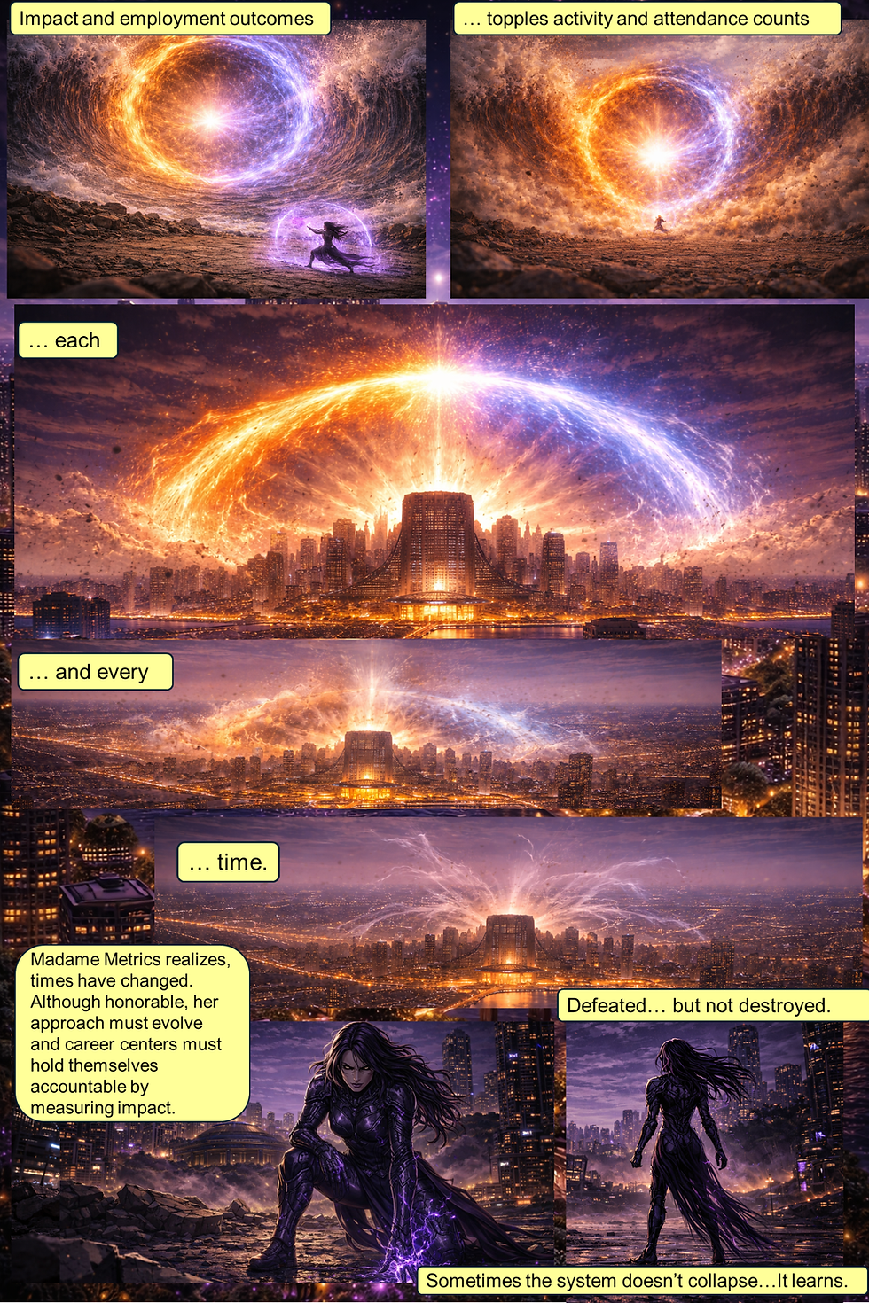 In the comic’s resolution, a massive wave of employment outcomes and impact metrics overwhelms and replaces activity-based measures across the city, forcing Madame Metrics to retreat and acknowledge the need to evolve, leaving the system transformed but still adapting to change.
