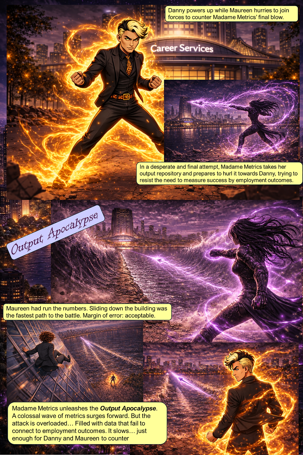 In a climactic battle, Danny powers up as Madame Metrics unleashes an “Output Apocalypse” of overwhelming activity data, but the attack falters due to its lack of connection to real employment outcomes, giving Danny and Maureen the chance to counter with outcome-driven impact.