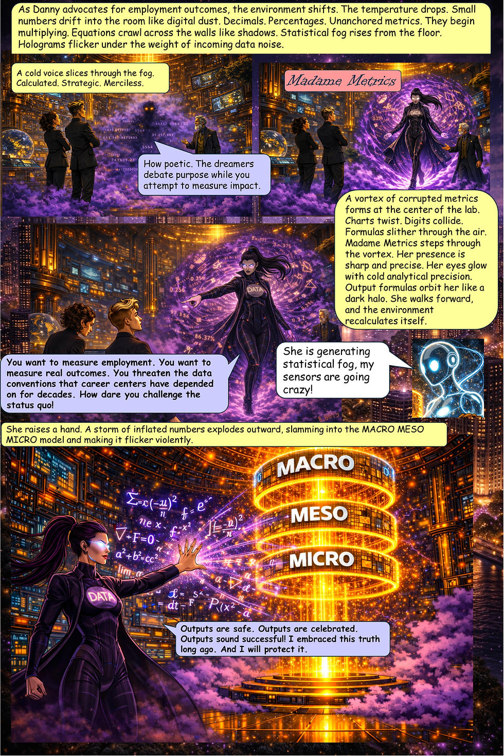 In a dramatic comic scene, Madame Metrics emerges from a vortex of swirling data and statistical fog, confronting Danny and Maureen as she defends output-based metrics and unleashes distorted data that destabilizes the Macro, Meso, Micro model, symbolizing the clash between traditional activity metrics and outcome-driven accountability.
