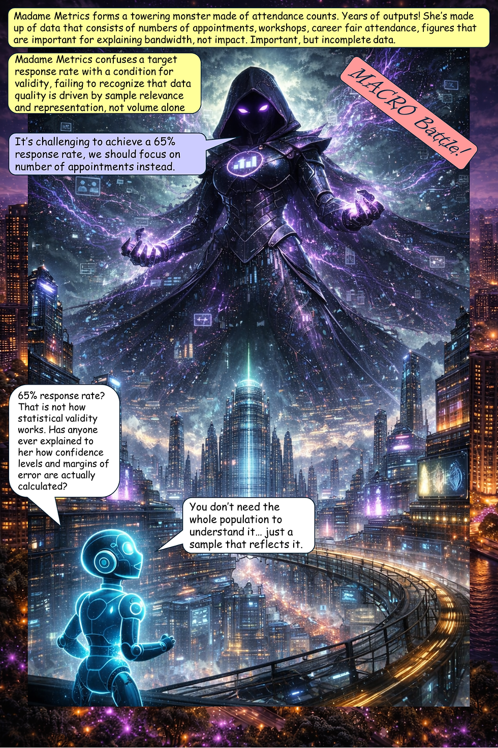 In a dramatic scene, Madame Metrics transforms into a towering data monster built from attendance counts and activity metrics, misrepresenting statistical validity, while Iggy counters that true insight comes from representative sampling, highlighting the difference between volume-based outputs and meaningful, reliable data.