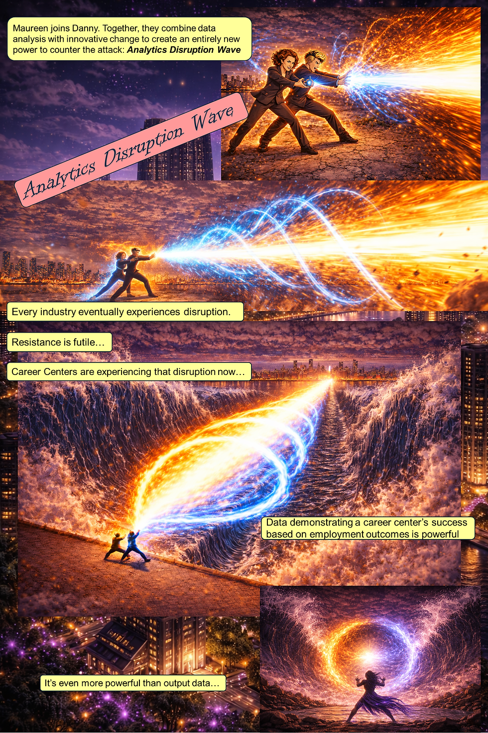 In a dramatic sequence, Danny and Maureen combine their powers to unleash an “Analytics Disruption Wave,” a powerful force of data-driven innovation that overwhelms Madame Metrics’ output-based system, illustrating how employment outcome data is more impactful than traditional activity metrics and signaling a major shift in career services.