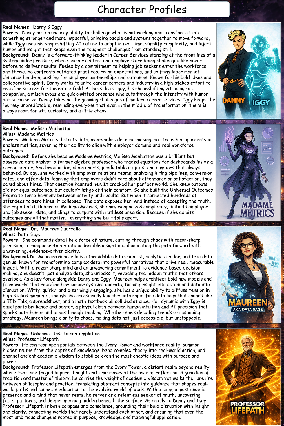 A comic-style character profile sheet introducing four figures in a career services-themed universe: Danny, an innovative leader driving workforce transformation alongside Iggy, a shapeshifting AI companion; Madame Metrics, a villain who manipulates data and prioritizes outputs over real outcomes; Dr. Maureen Guarcello (Data Sage), a brilliant data scientist who brings clarity and evidence-based insight; and Professor Lifepath, a wise academic who bridges theory and real-world work through knowledge and guidance.