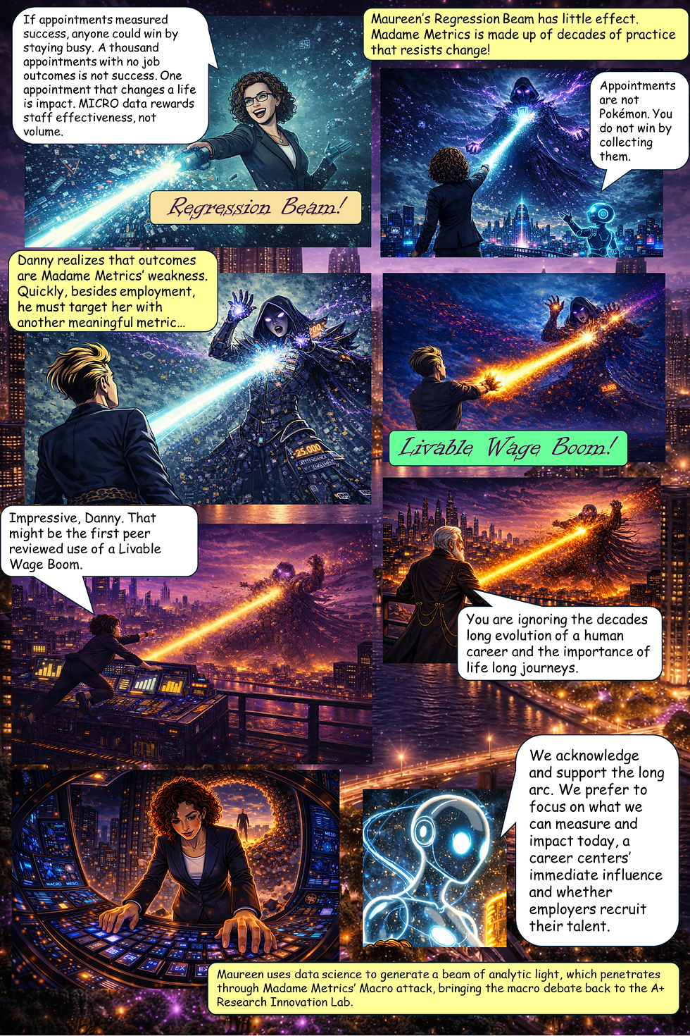 In a climactic comic battle, Maureen uses a “Regression Beam” and Danny unleashes a “Livable Wage Boom” to counter Madame Metrics’ reliance on activity metrics, demonstrating that meaningful outcomes like job attainment and livable wages are stronger measures of impact than volume, while reinforcing a focus on what career centers can influence today.