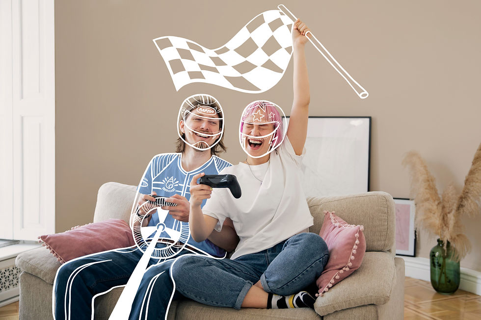 Création visuelle gaming avec deux joueurs tenant des manettes, enrichie d’illustrations graphiques inspirées de la compétition automobile.