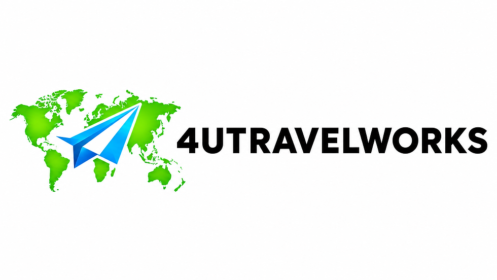 Light green Continent with light blue paper airplane flying over it, with 4UTRAVELWORKS next to the image.