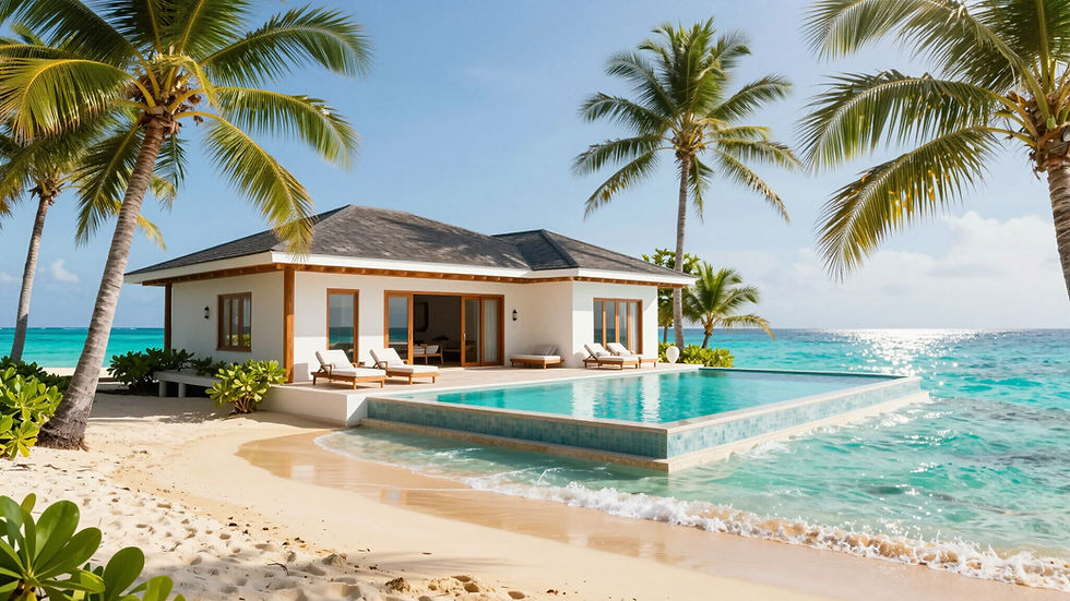 Resort building with infinity pool, palm trees on beach