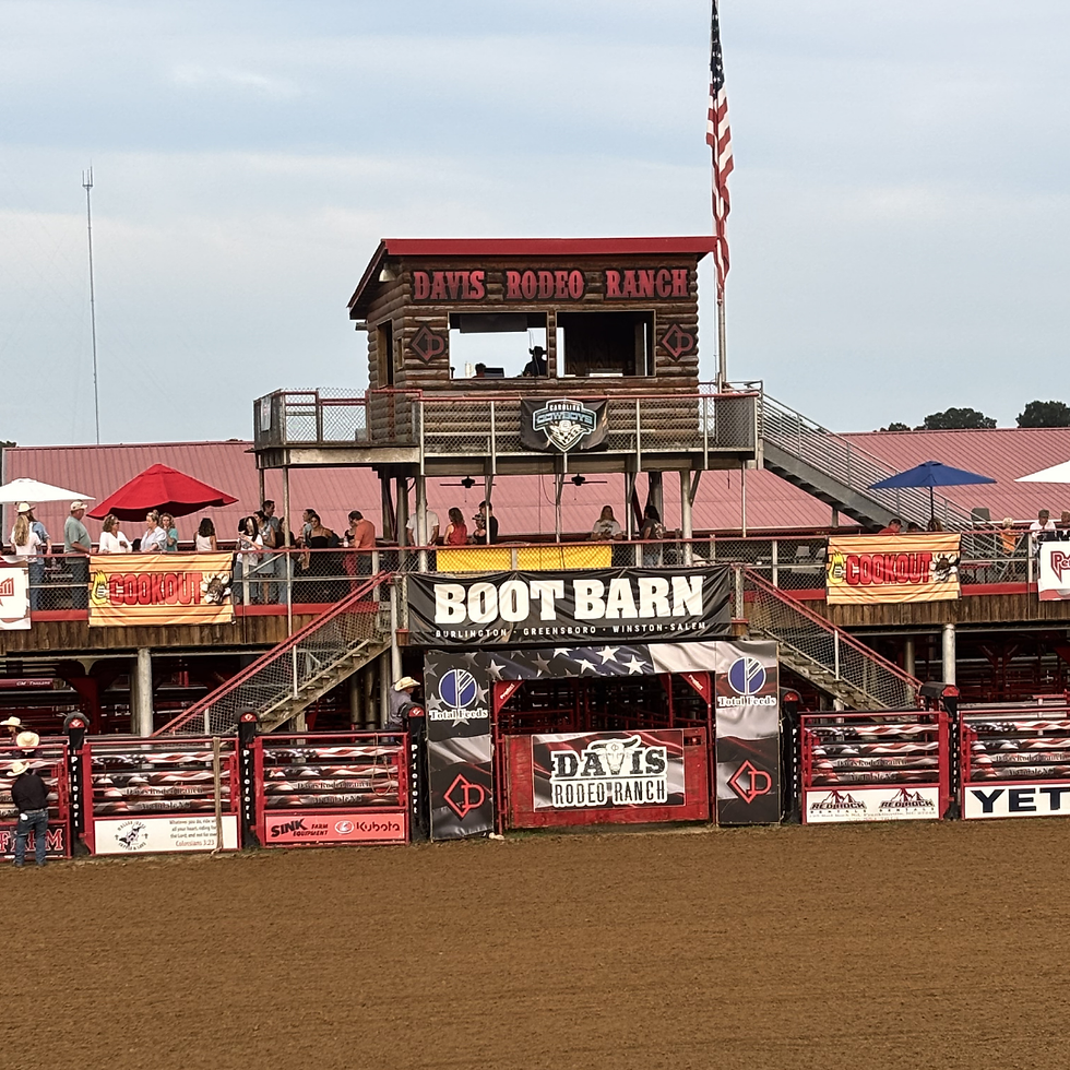 Davis Rodeo Ranch arena in Archdale, North Carolina, showing the rodeo grounds, viewing stands, and western event setup.