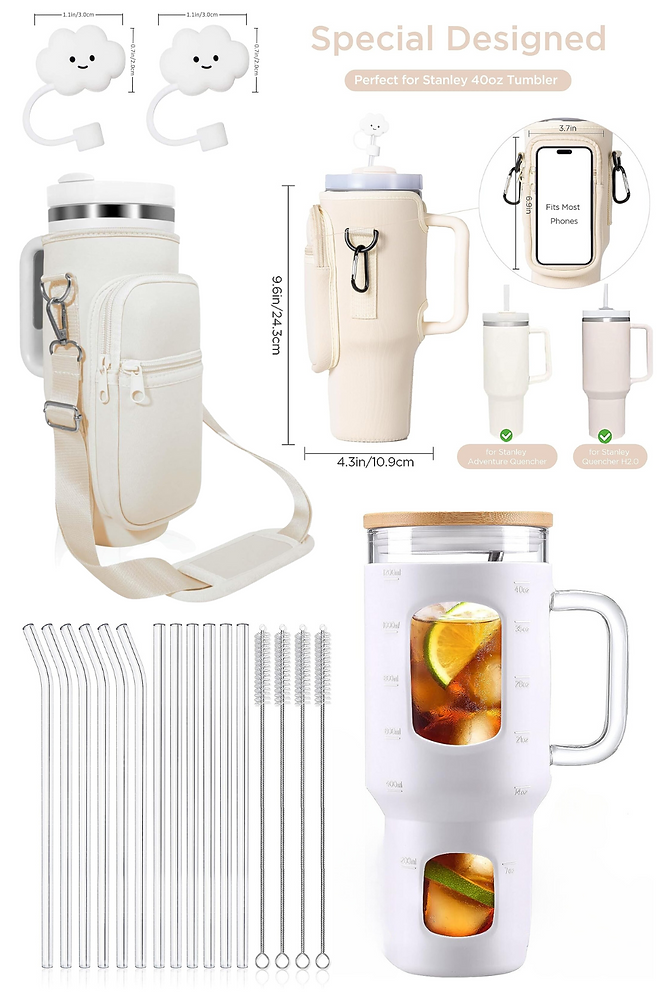 40 oz glass tumbler, glass straws, 40 oz tumbler crossbody purse attachment, cloud straw cover