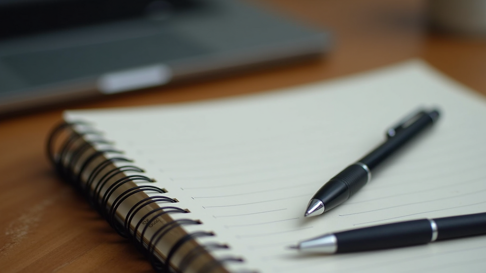 Close-up of a journal and pen on a wooden desk