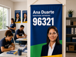 Simulação de banner em lona de campanha montado dentro de comitê