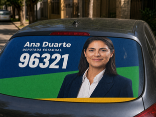 Simulação de adesivo perfurado de campanha eleitoral em vidro de carro