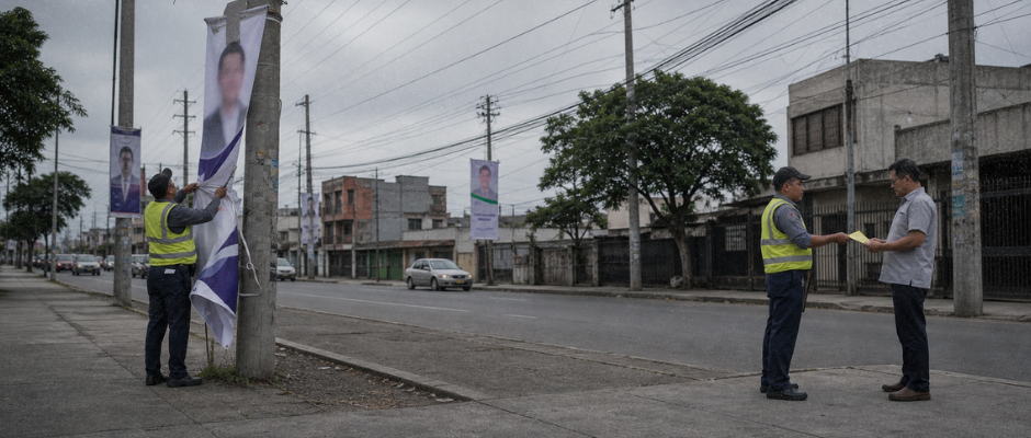 Fotografia editorial de uma faixa política genérica sendo removida de um poste na rua por um fiscal, com uma notificação ou multa simbólica ao fundo, desfocada.