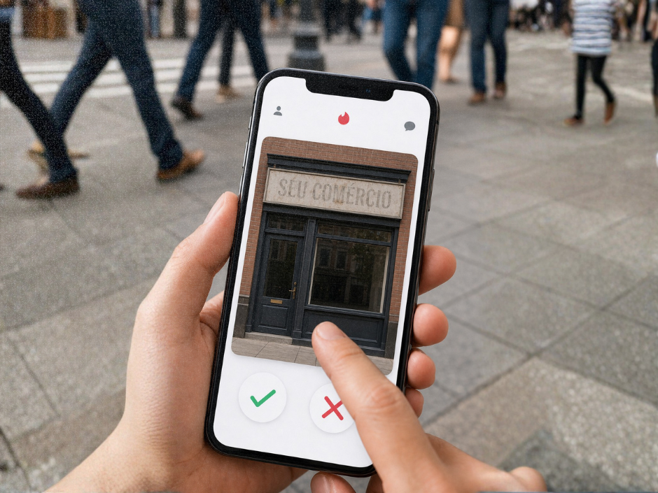 Mão fazendo o gesto de deslizar uma fachada no celular sobre uma calçada comercial movimentada