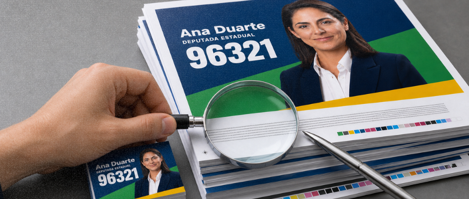 Fotografia editorial em estilo documental de uma pilha de materiais impressos de campanha (santinhos, panfletos, adesivos) sobre uma mesa de gráfica, com uma lupa ou caneta apontando para um pequeno texto legal impresso na borda de uma peça.