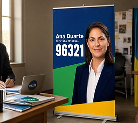 Banner retrátil de campanha eleitoral com arte de candidata fictícia, mockup de estúdio