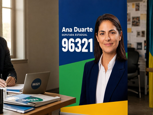 Simulação de banner retrátil de campanha montado dentro de comitê