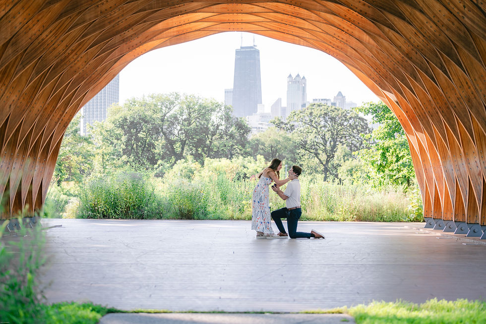 Man kneels and proposes to a woman under a wooden arch, with a sunny park and city skyline behind them.