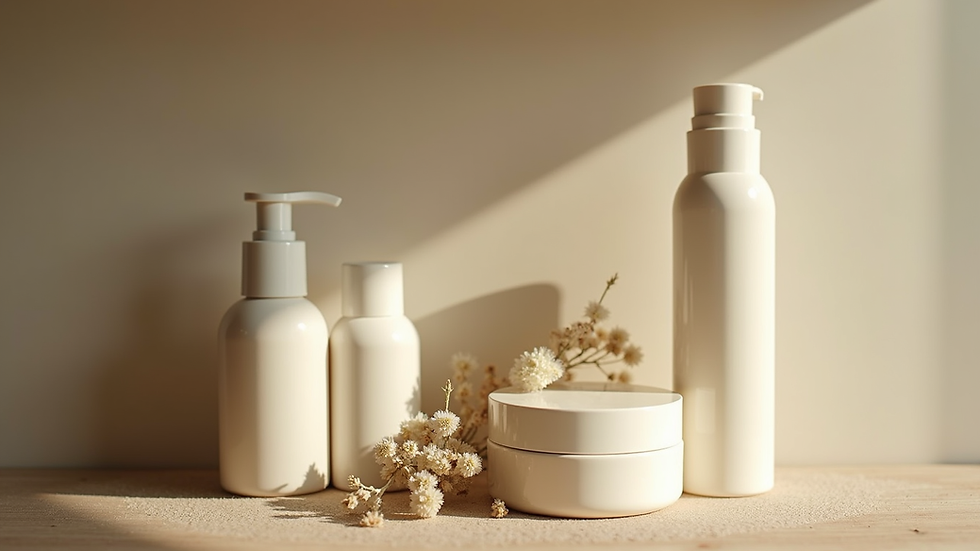 Close-up view of organic skincare products arranged neatly on a spa shelf