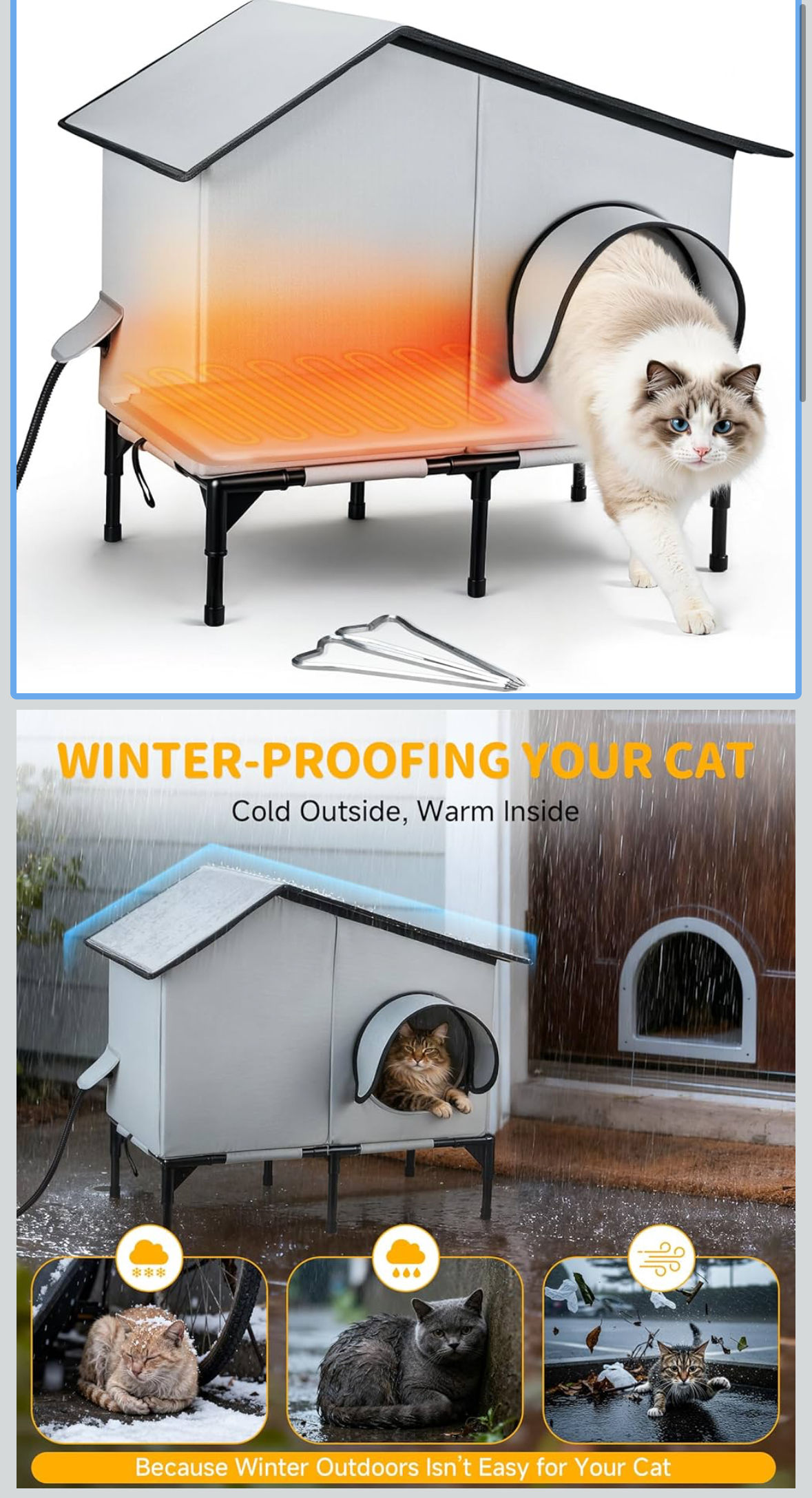 Heated Outdoor Cat House with Heater, Waterproof and Insulated Cat Shelter for W