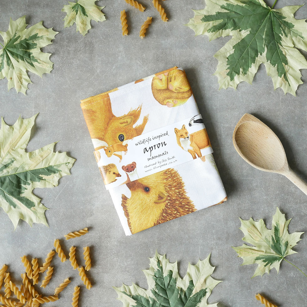 Thumbnail: Silverpasta wildlife cotton adult apron illustrated british mammals fox hedgehog badger squirrel plastic free packaging