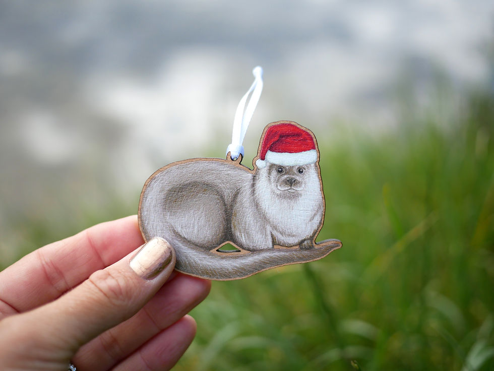 Thumbnail: Wooden Christmas tree decoration featuring an illustrated otter wearing a santa hat