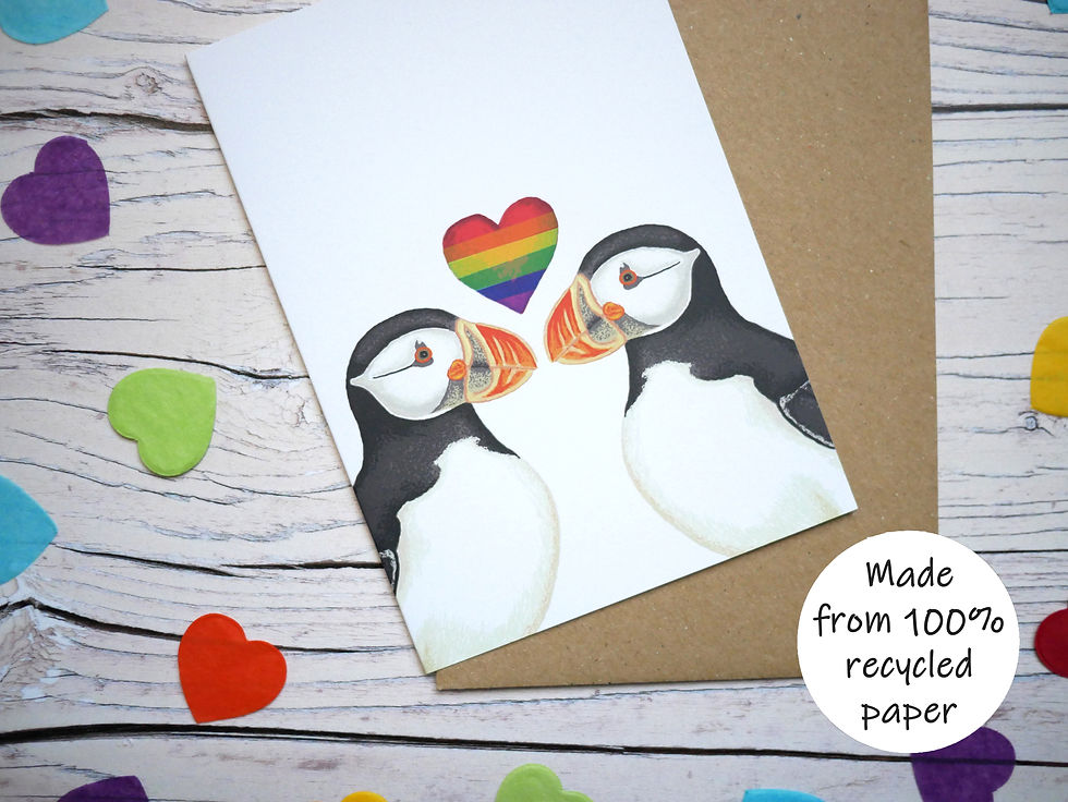 Rainbow heart LGBT puffin card by Silverpasta Crafts made with 100% recycled paper