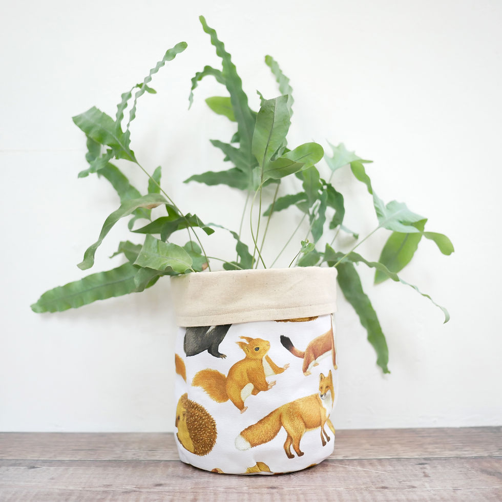 Thumbnail: Large fabric planter with illustrated british mammals printed on organic cotton