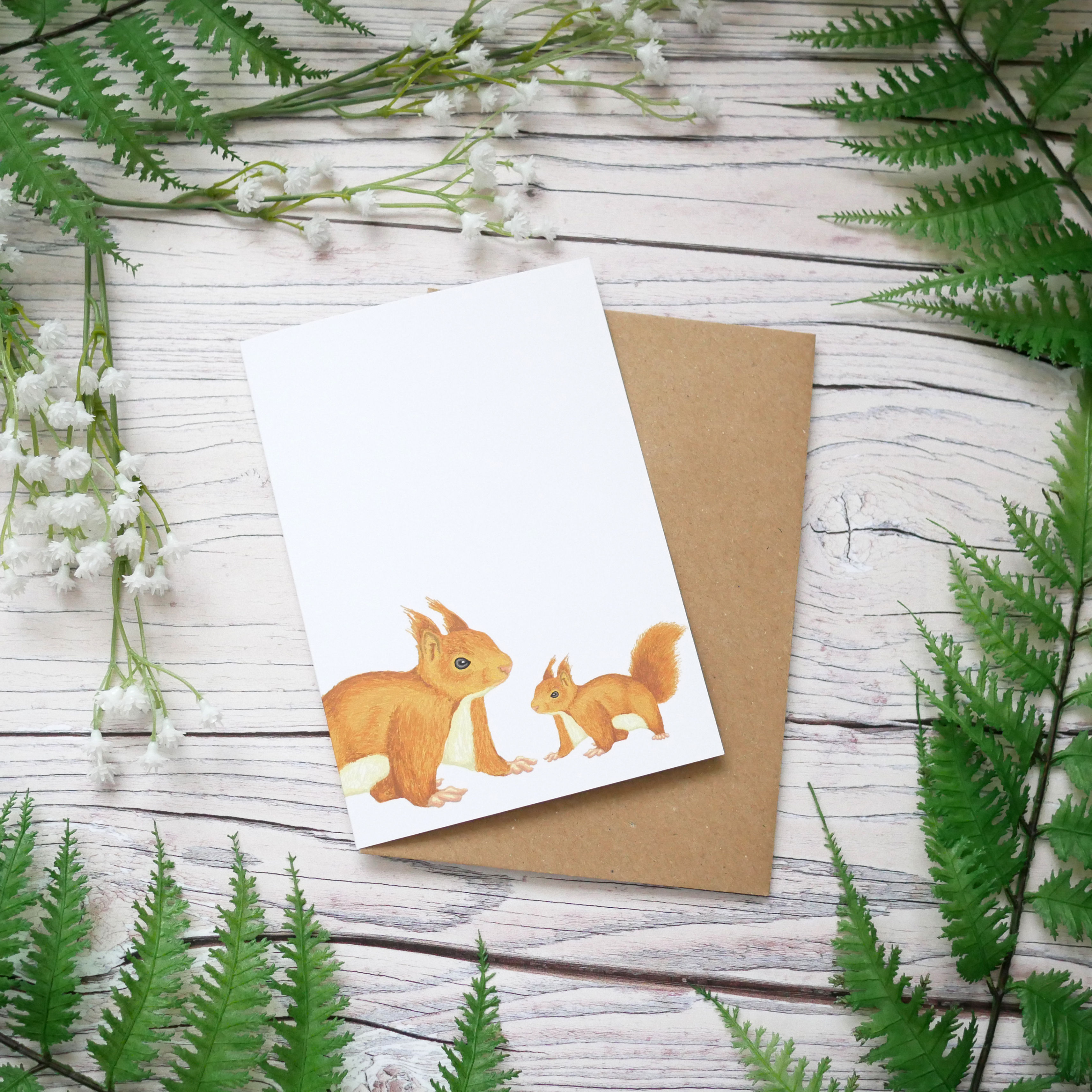 Red squirrel mothers day recycled greetings card with plastic-free compostable wrapper