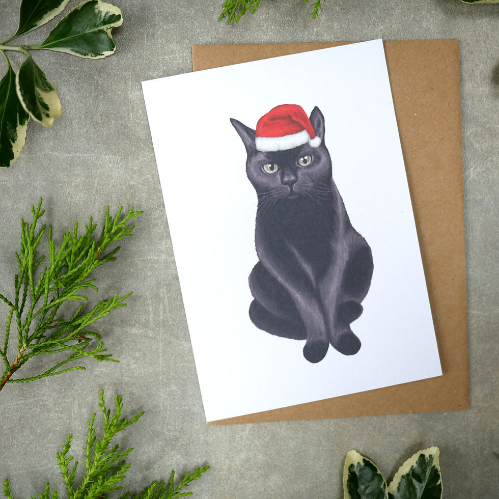 Thumbnail: Christmas card featuring an illustration of a black cat wearing a santa hat