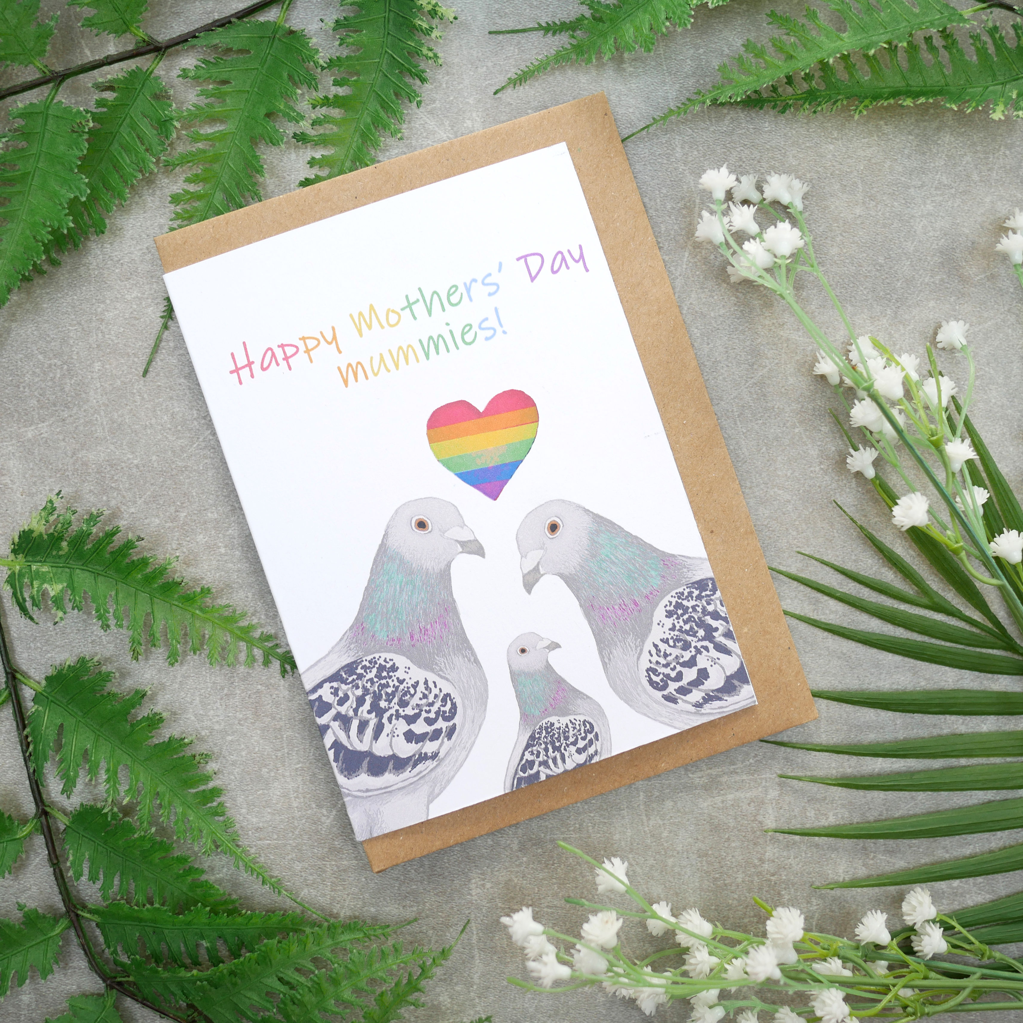 Happy Mothers' Day Mummies Card for Lesbian Mums with pigeons and a rainbow heart on the front