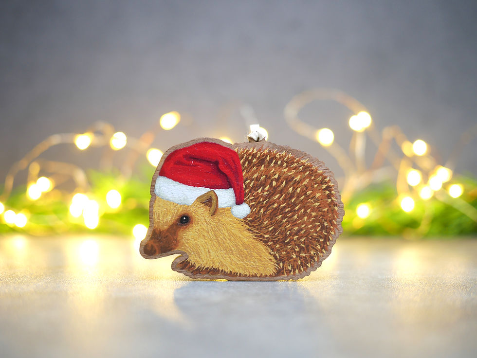 Thumbnail: A wooden Christmas tree decoration of an illustrated hedgehog in a santa hat.