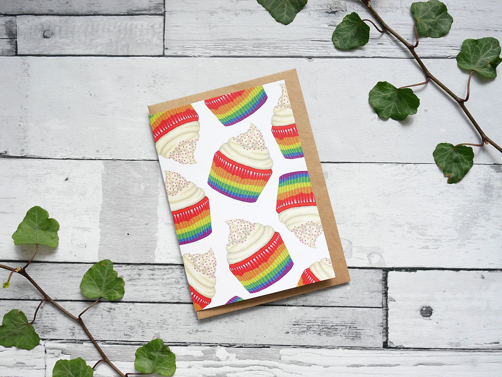 Thumbnail: Silverpasta illustrated greetings card made from recycled paper featuring rainbow cupcakes with plastic free packaging