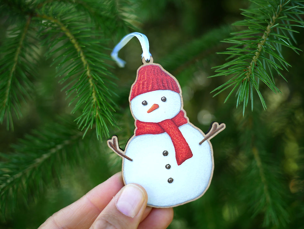 Thumbnail: A wooden Christmas tree decoration of an illustrated snowman with a red scarf and hat