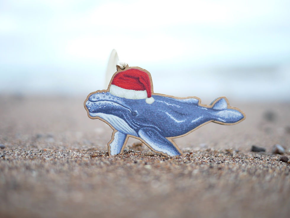 Thumbnail: A wooden Christmas tree decoration of an illustrated humpback whale in a santa hat.