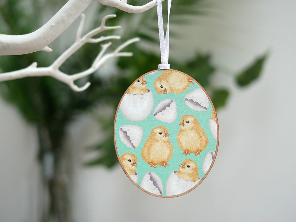 Thumbnail: A hanging wooden Easter decoration featuring illustrations of chicks and hatching chicks out of eggs