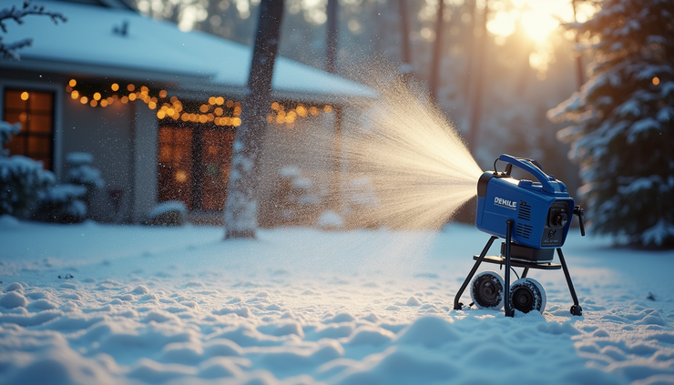 Eye-level view of a backyard with snow gently falling from a snow machine, surrounded by holiday decorations
