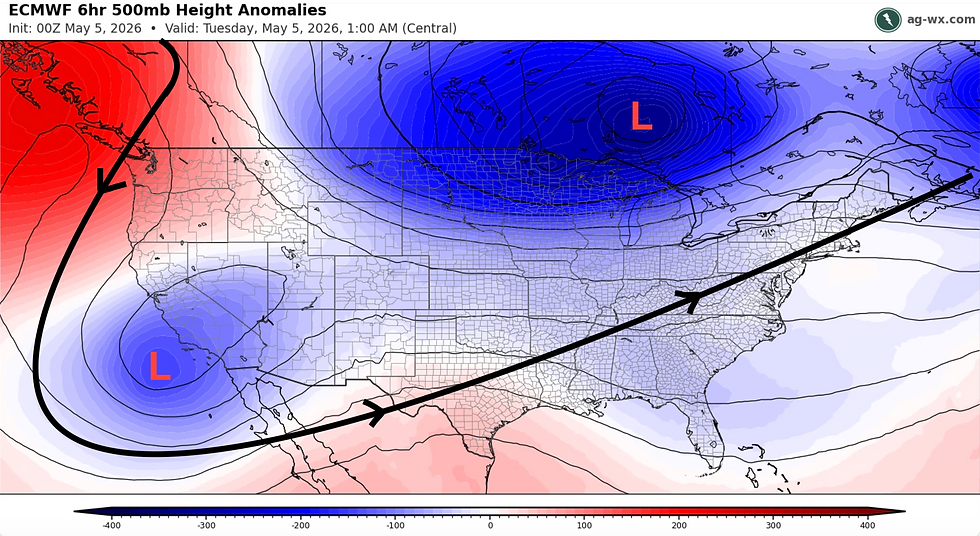 Illustration of two low-pressure troughs interacting at the 500mb level of the atmosphere (~3mi high). This interaction will keep weather cool and wet over the next 2 days. Original image: ag-wx.com