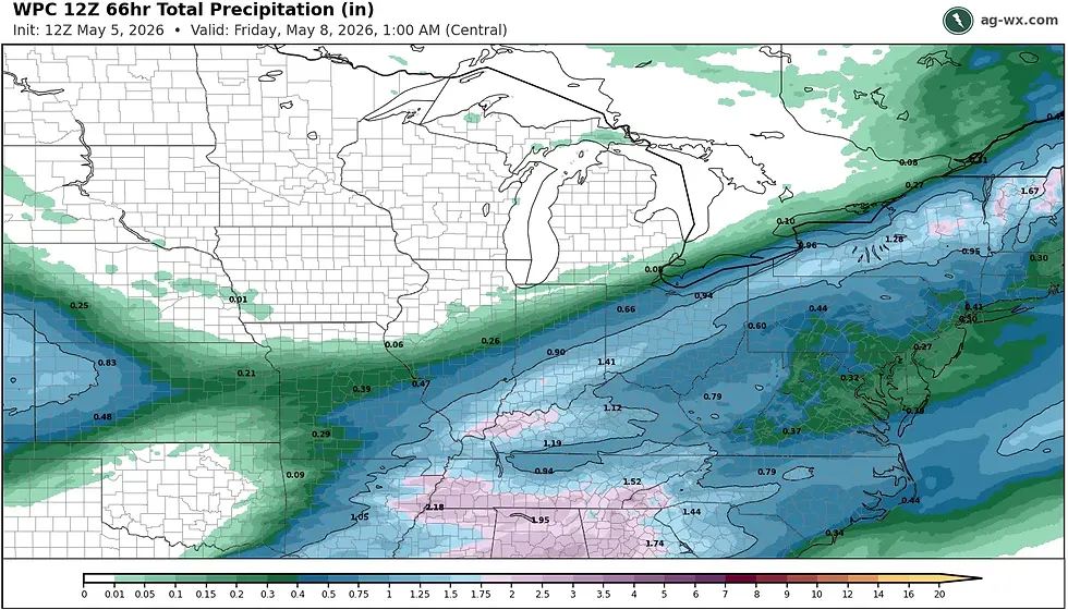 NOAA/Weather Prediction Center forecast precipitation totals through early Friday morning, with a general range of 0.50-1.50" anticipated throughout most of Ohio. Image: ag-wx.com
