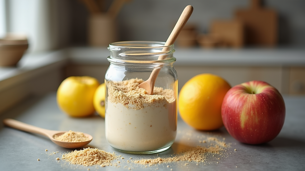 Close-up view of homemade waffle mix in a glass jar with a wooden spoon