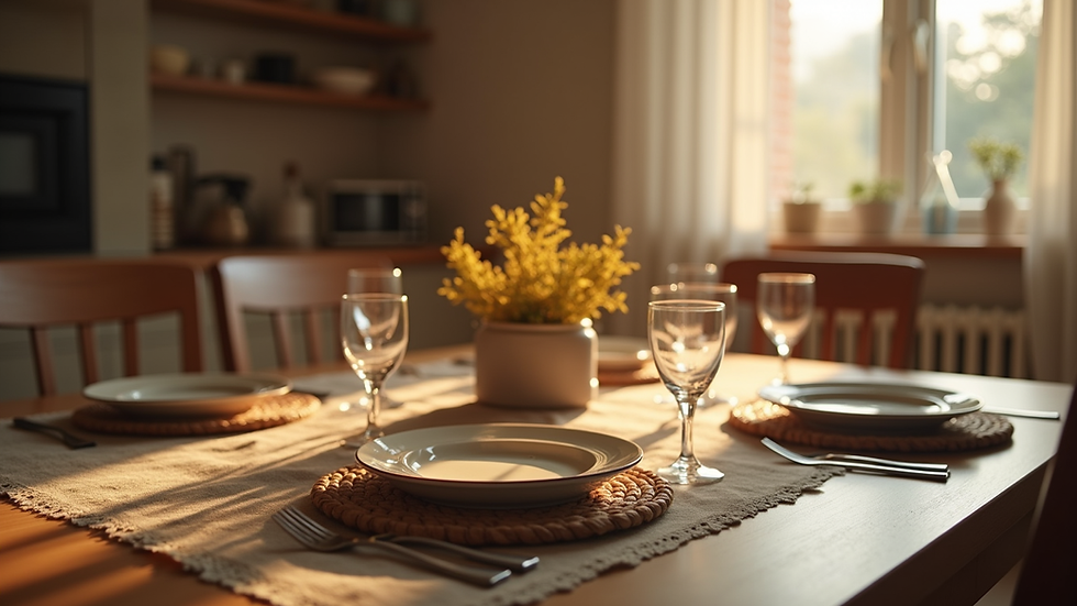 Eye-level view of a cozy kitchen table set for family prayer