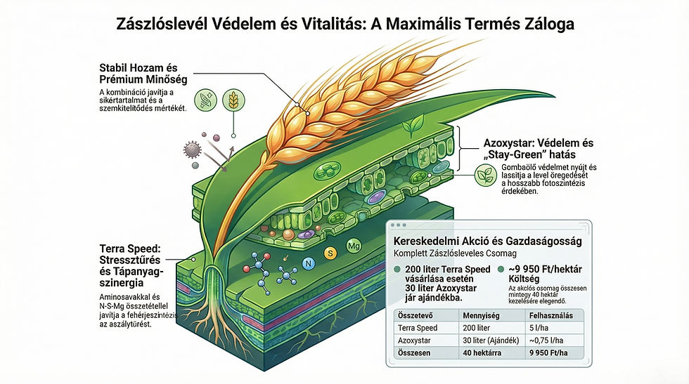 A zászlósleveles kezelés kulcsfontosságú a termésképzésben. Az Azoxystar + Terra Speed kombináció védi a lombot, javítja a stressztűrést és támogatja a minőséget.