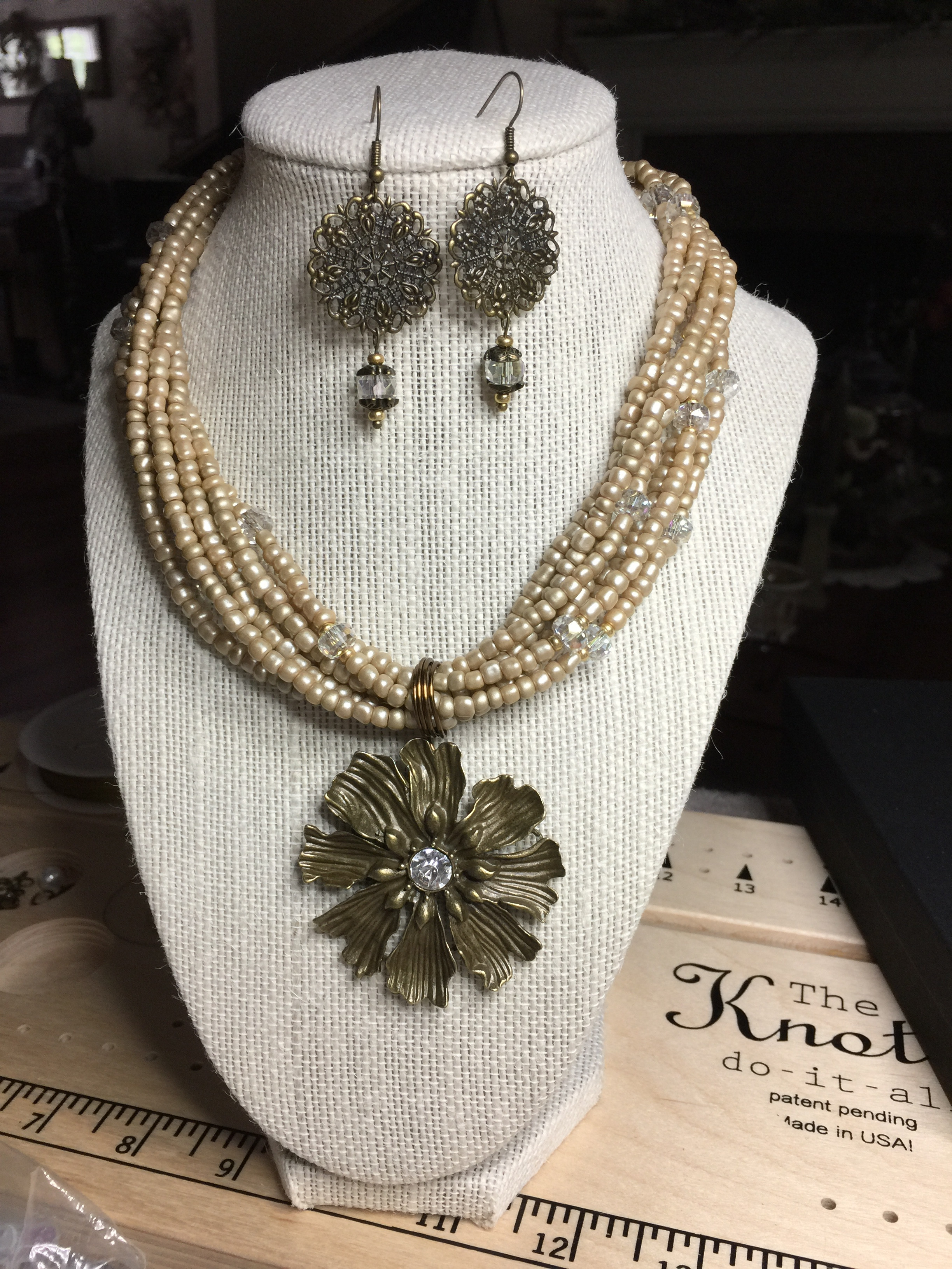 Multi Strand Necklace ~ Brass Flower Pendant ~ Seed Beads ~ Glass Beads ~  7 Str