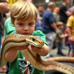 create a kids holding a snake at the demosntration at the show.jpg