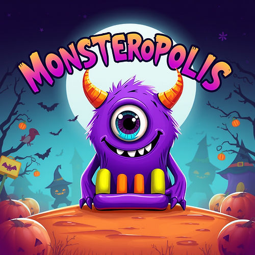 _Monsteropolis_ text. with the background of the Halloween childrens festival with a purpl