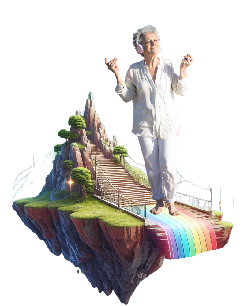 אישה מבוגרת עם אוזניות שומעת מוזיקה ולובשת בגדים לבנים. עומדת על אי ומתחת לרגיה יש קשת בענן צבעונית