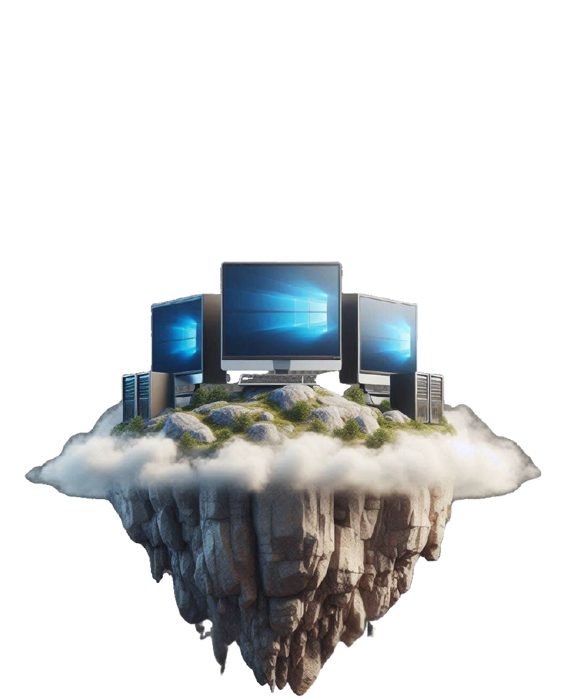 מסכי מחשב מוקפים בעננים על אי העשוי סלעים
