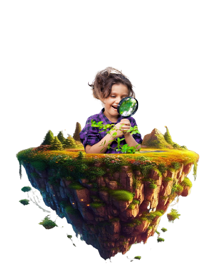 ילד המחזיק זכוכית מגדלת ובוחן צמח קטן שגדל מתוך אי