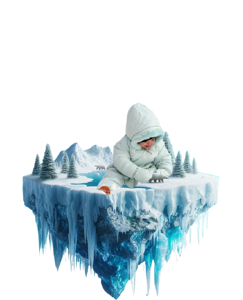 ילד קטן בחליפת שלג יושב על אי העשוי קרח