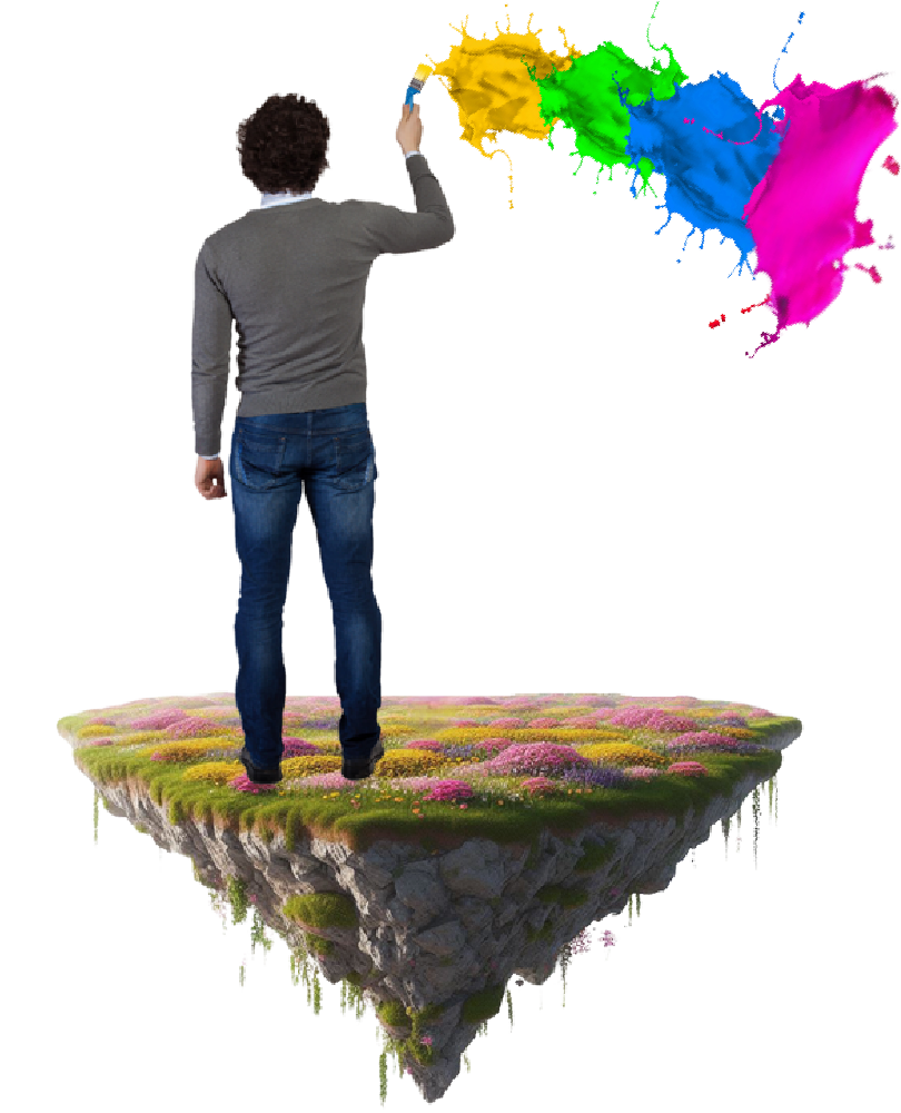 אדם העומד על אי צבעוני ומחזיק ביד ימין מברשת צבע בצבעים צהוב, ירוק, כחול וורוד